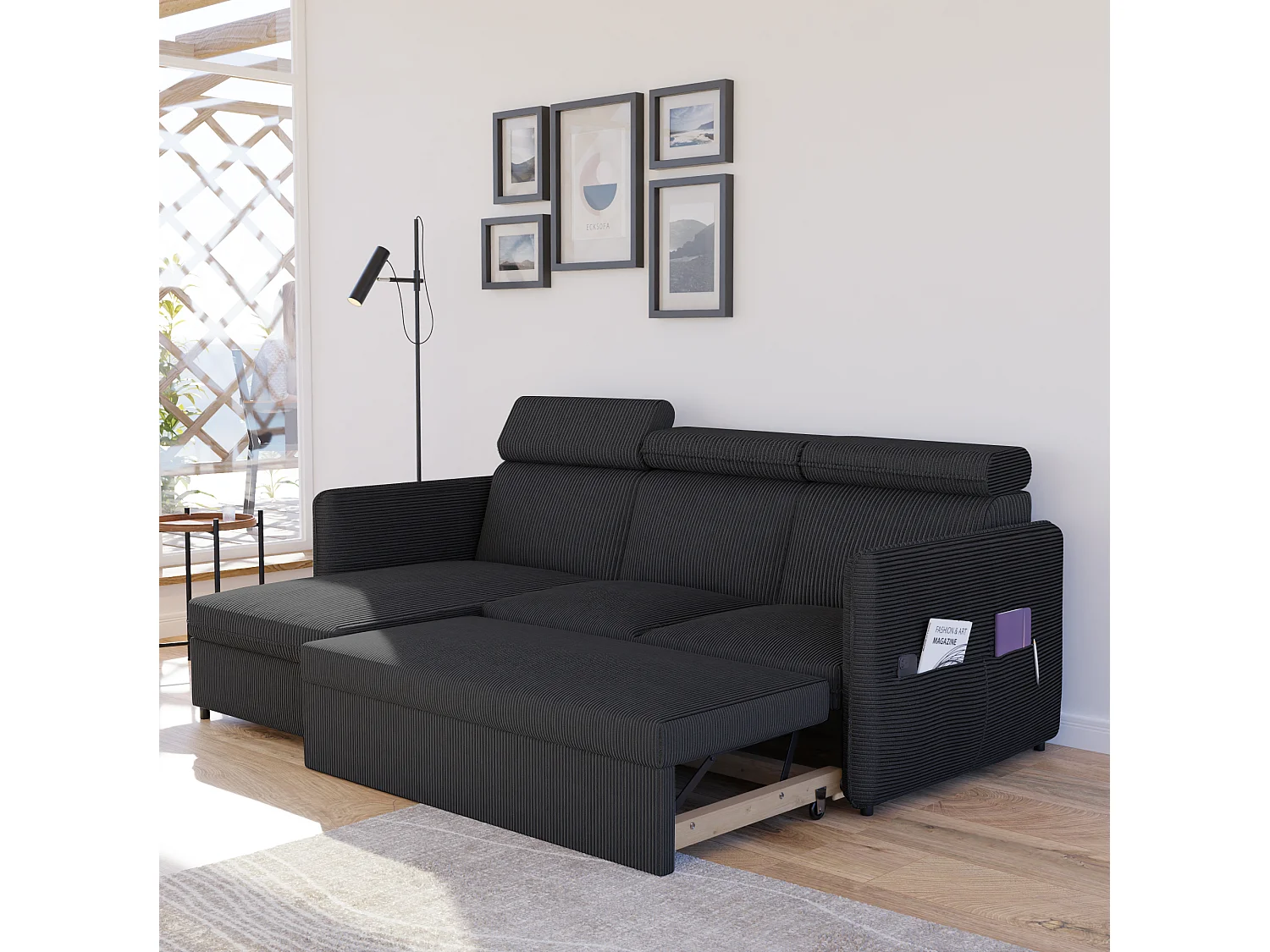 Canapé d'angle Beni réversible convertible en tissu Noir