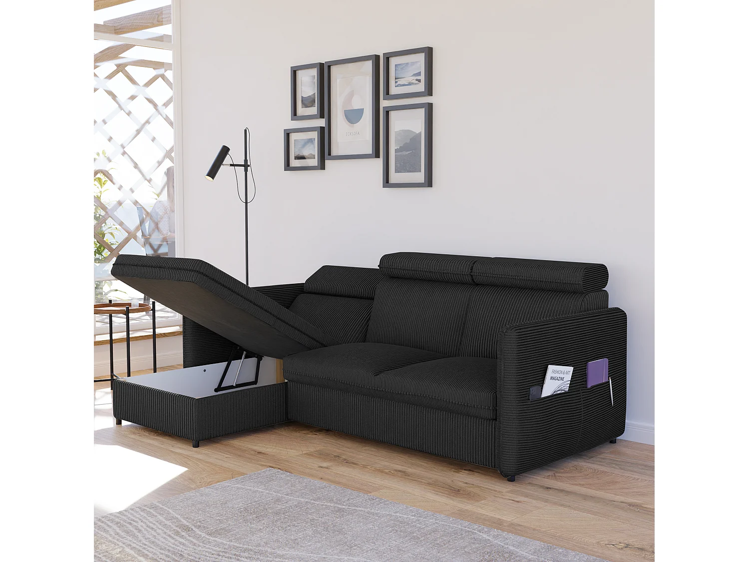 Canapé d'angle Beni réversible convertible en tissu Noir