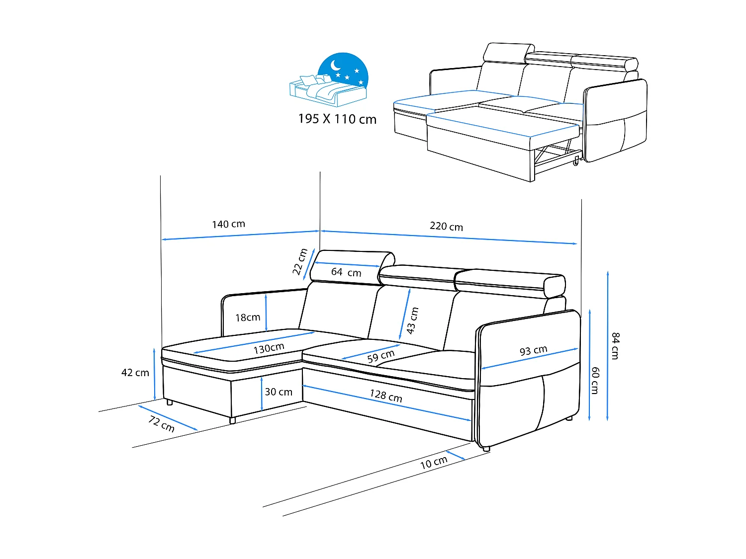 Canapé d'angle Beni réversible convertible en tissu Noir