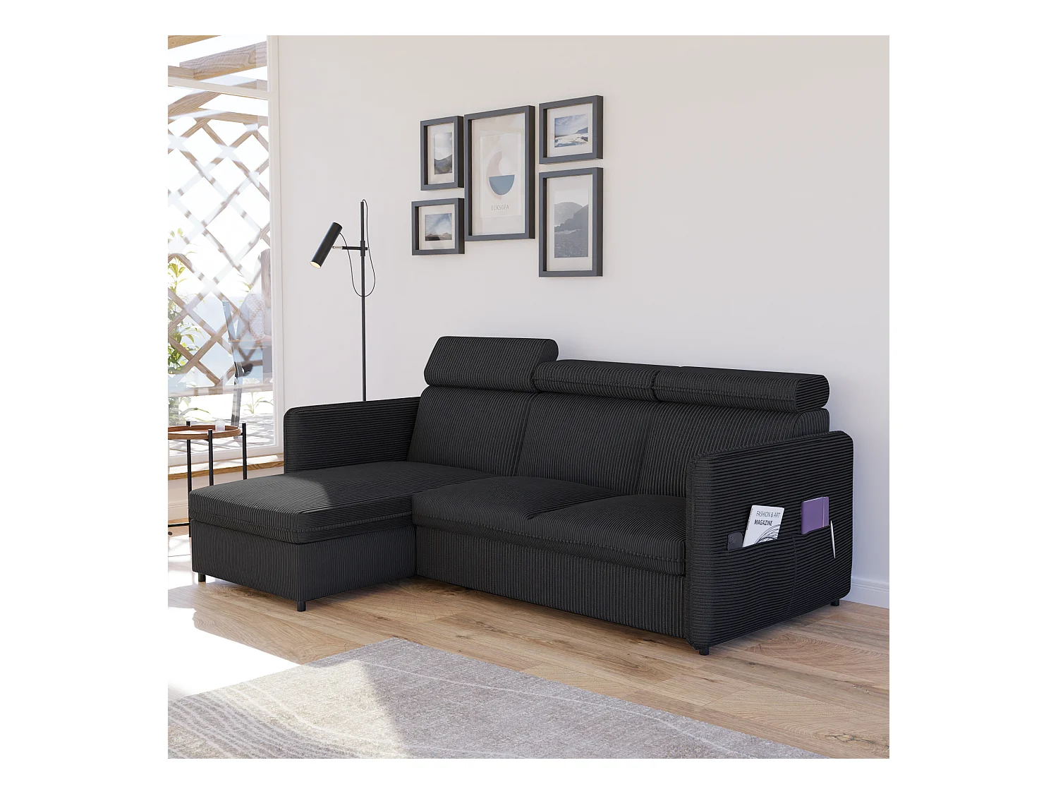 Canapé d'angle Beni réversible convertible en tissu Noir