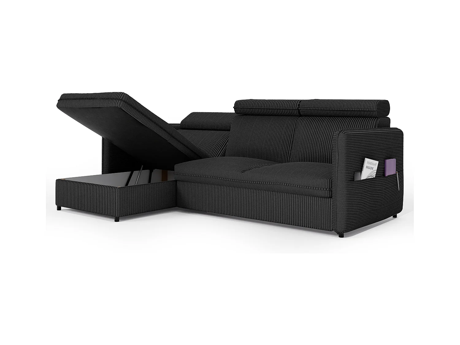 Canapé d'angle Beni réversible convertible en tissu Noir