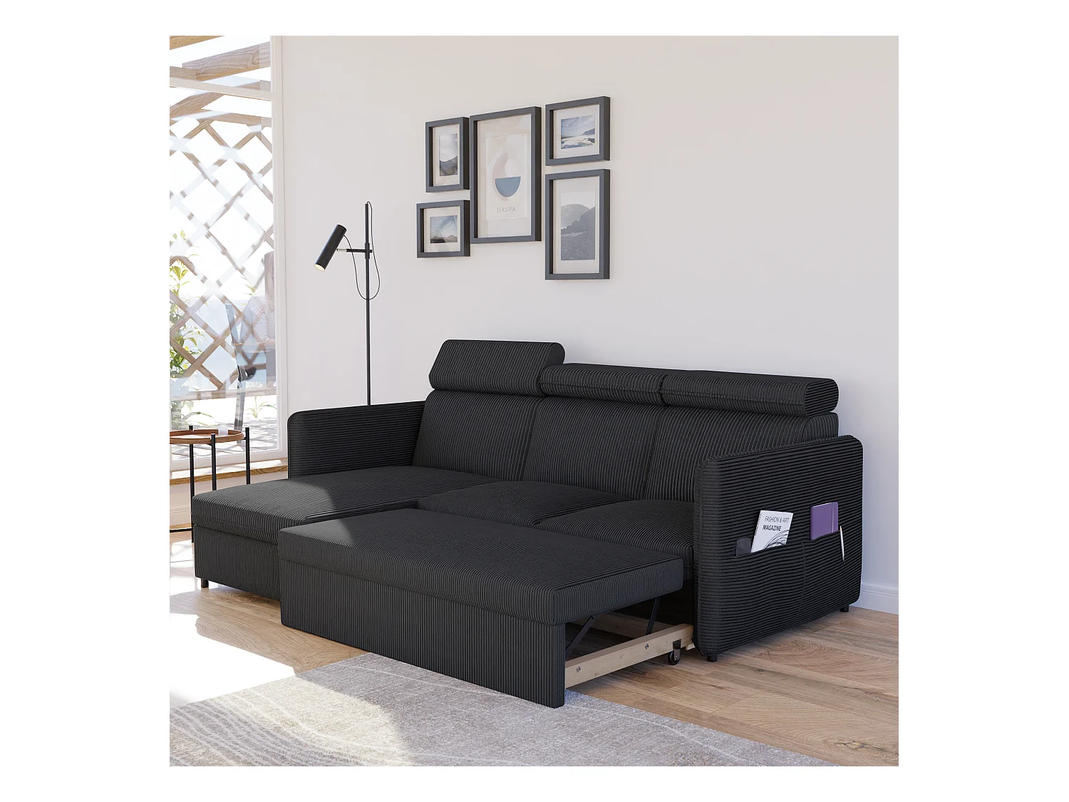 Canapé d'angle Beni réversible convertible en tissu Noir