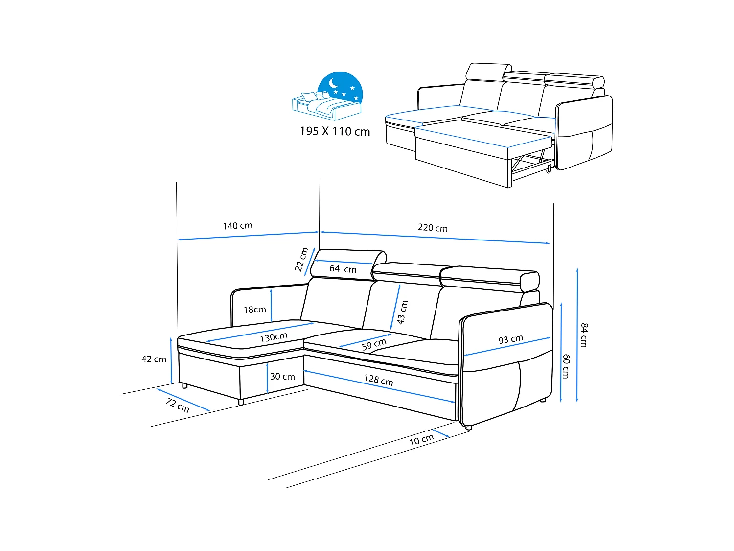 Canapé d'angle Beni réversible convertible en tissu Noir