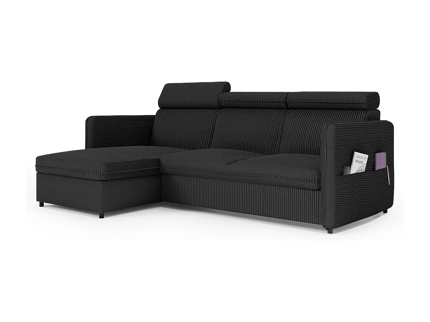 Ecksofa Beni, umkehrbar, in Schwarzem Stoff umwandelbar.