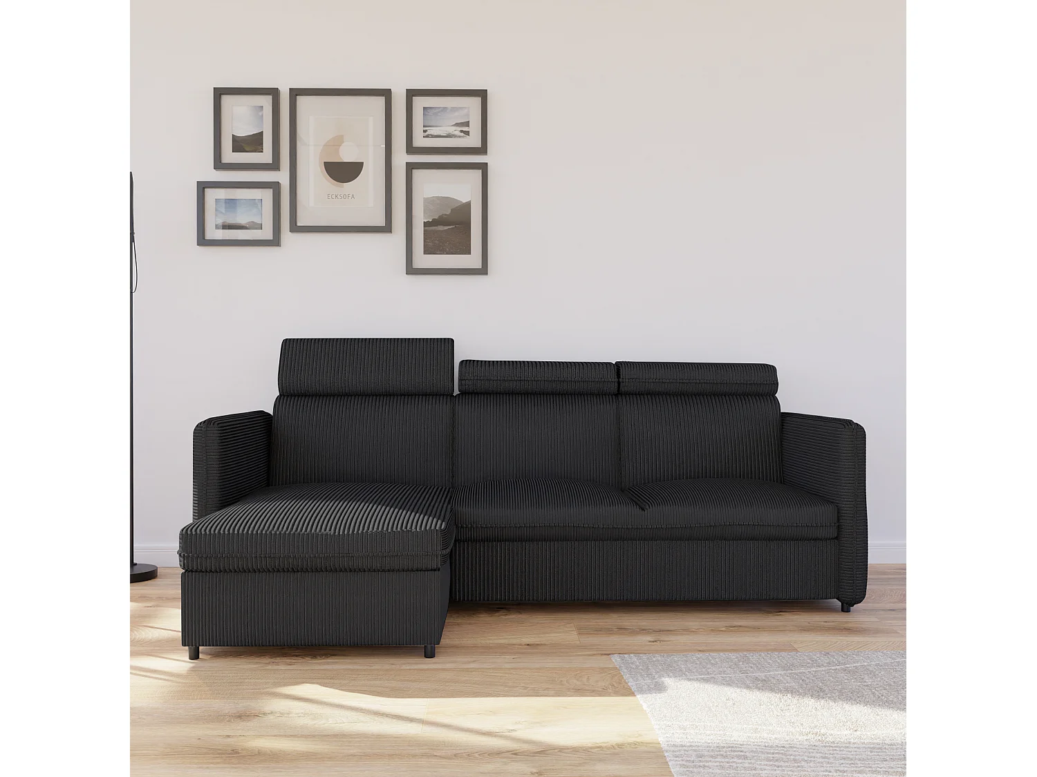 Ecksofa Beni, umkehrbar, in Schwarzem Stoff umwandelbar.