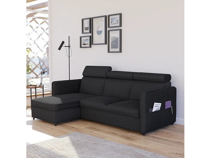 Canapé d'angle Beni réversible convertible en tissu Noir