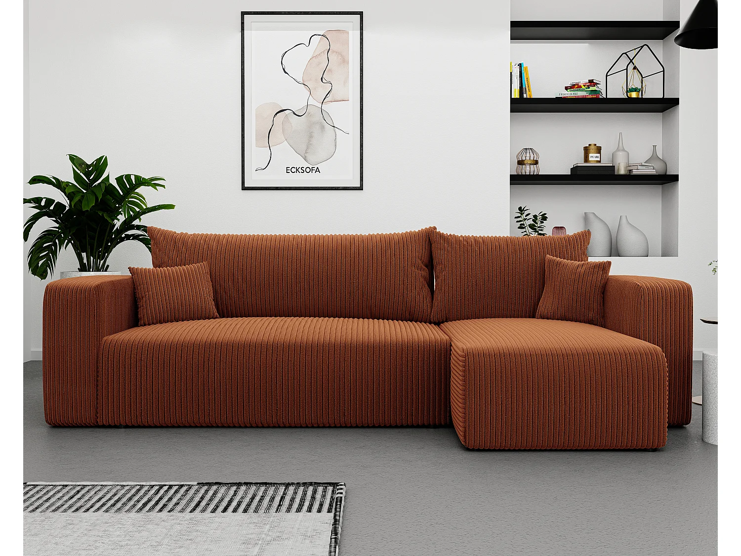 Ecksofa Piano in Orange aus Stoff umwandelbar.