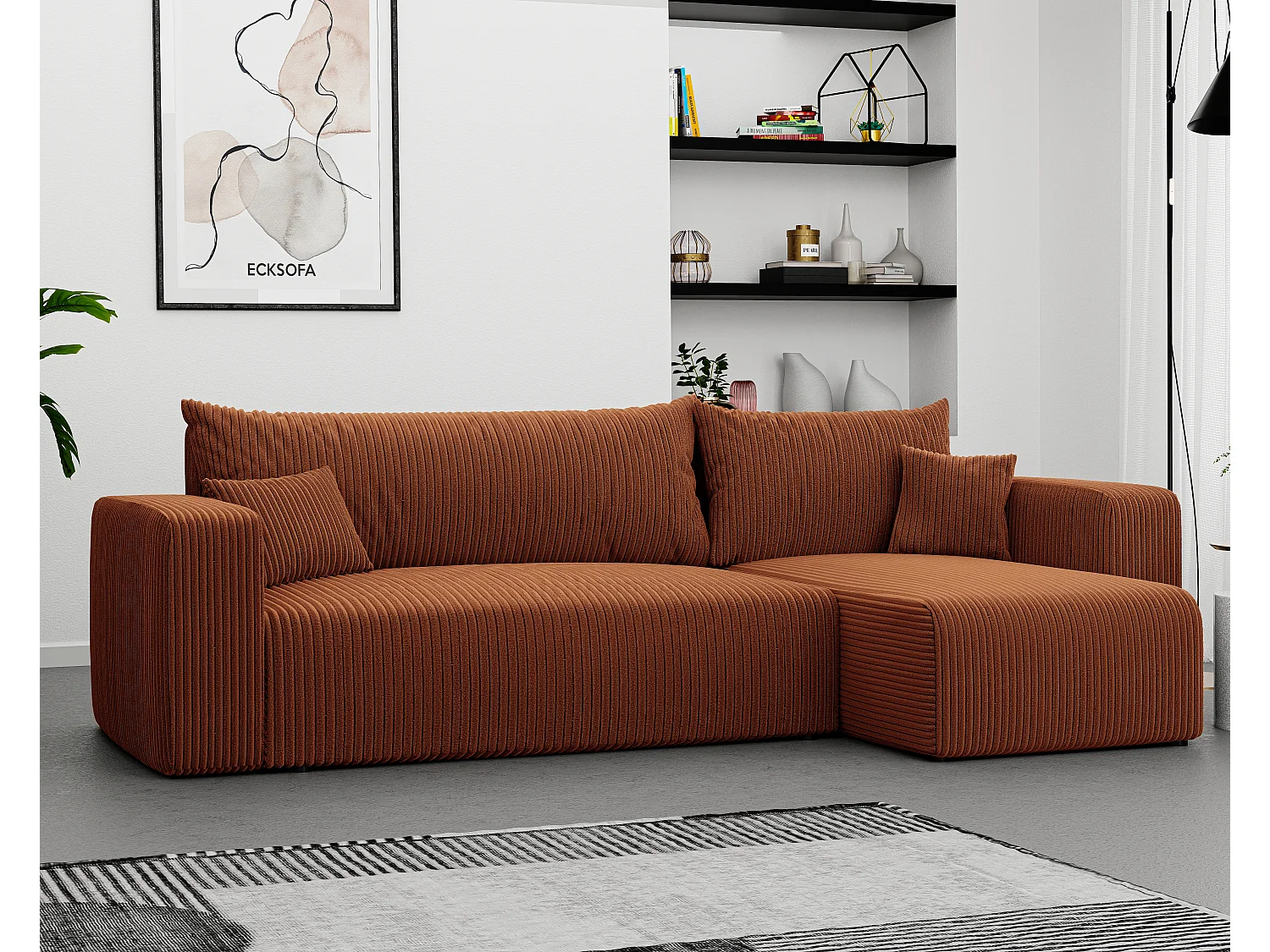 Ecksofa Piano in Orange aus Stoff umwandelbar.