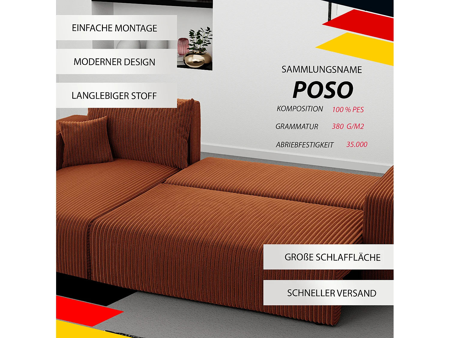 Ecksofa Piano in Orange aus Stoff umwandelbar.