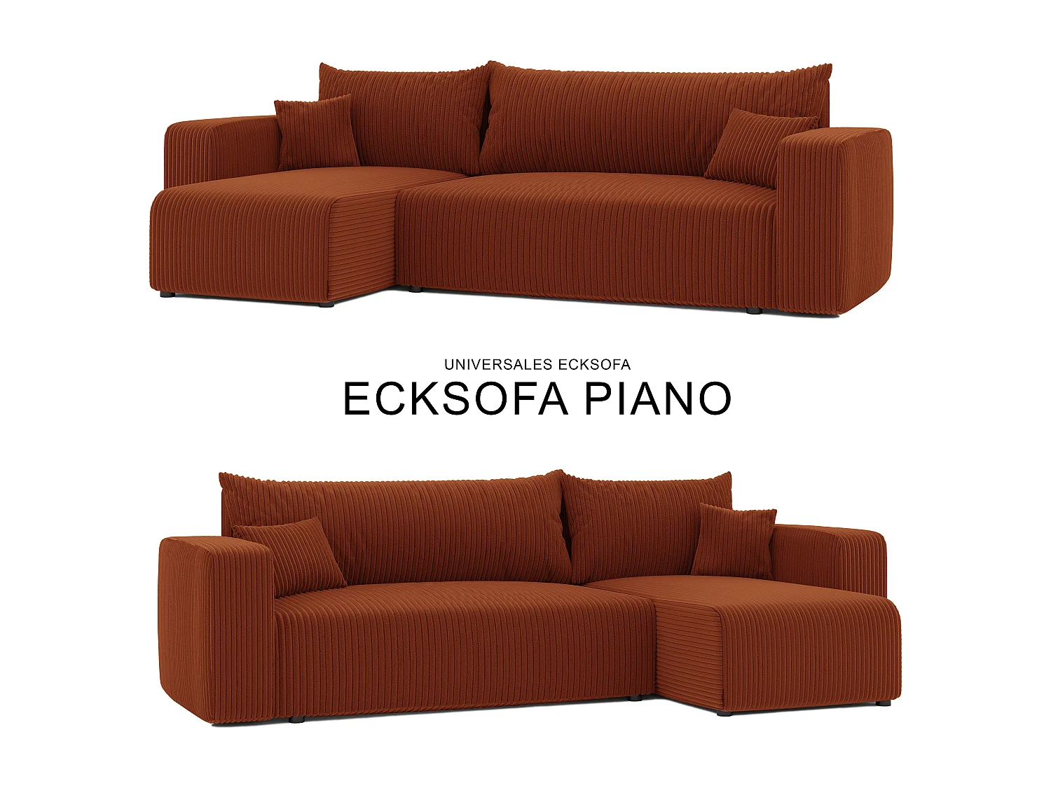 Ecksofa Piano in Orange aus Stoff umwandelbar.