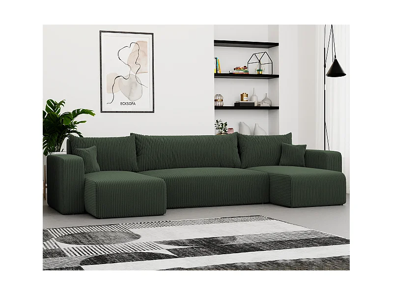 Ecksofa Piano U mit Schlaffunktion und grünem Stoff.