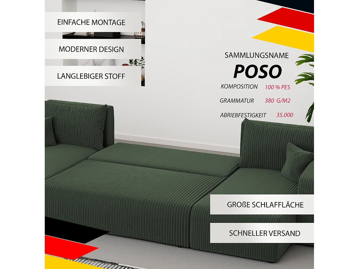 Hoekslaapbank Piano U-functie, en groene stof