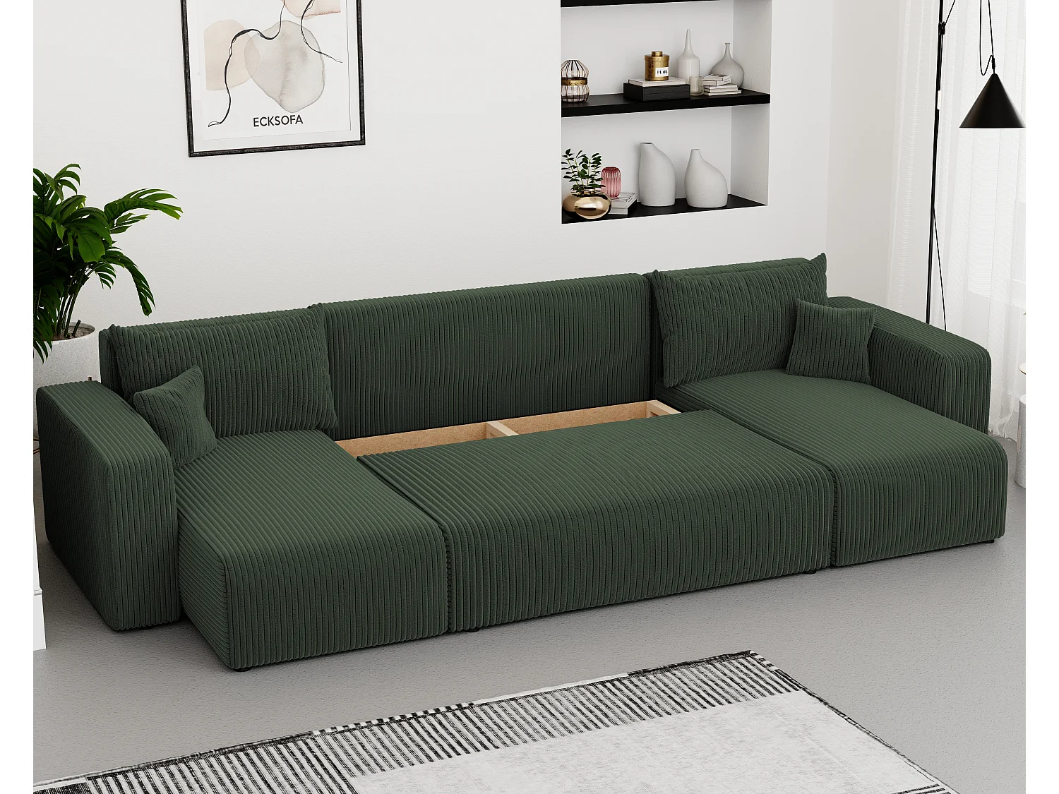 Ecksofa Piano U mit Schlaffunktion und grünem Stoff.