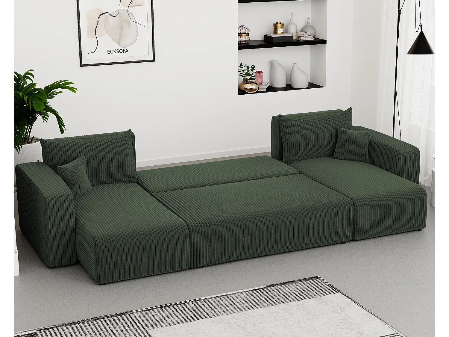 Ecksofa Piano U mit Schlaffunktion und grünem Stoff.