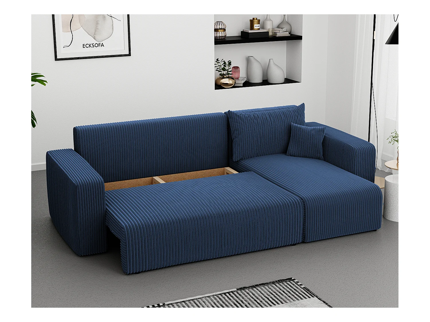 Ecksofa Piano Schlafsofa aus blauem Stoff