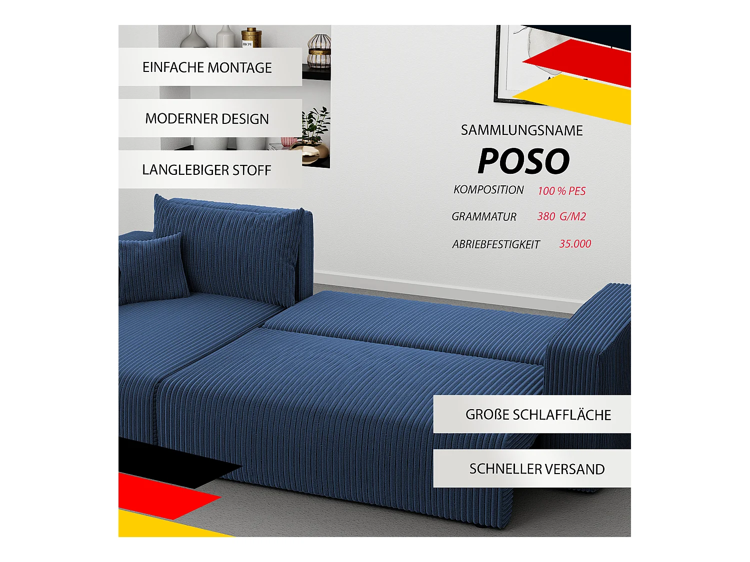 Ecksofa Piano Schlafsofa aus blauem Stoff
