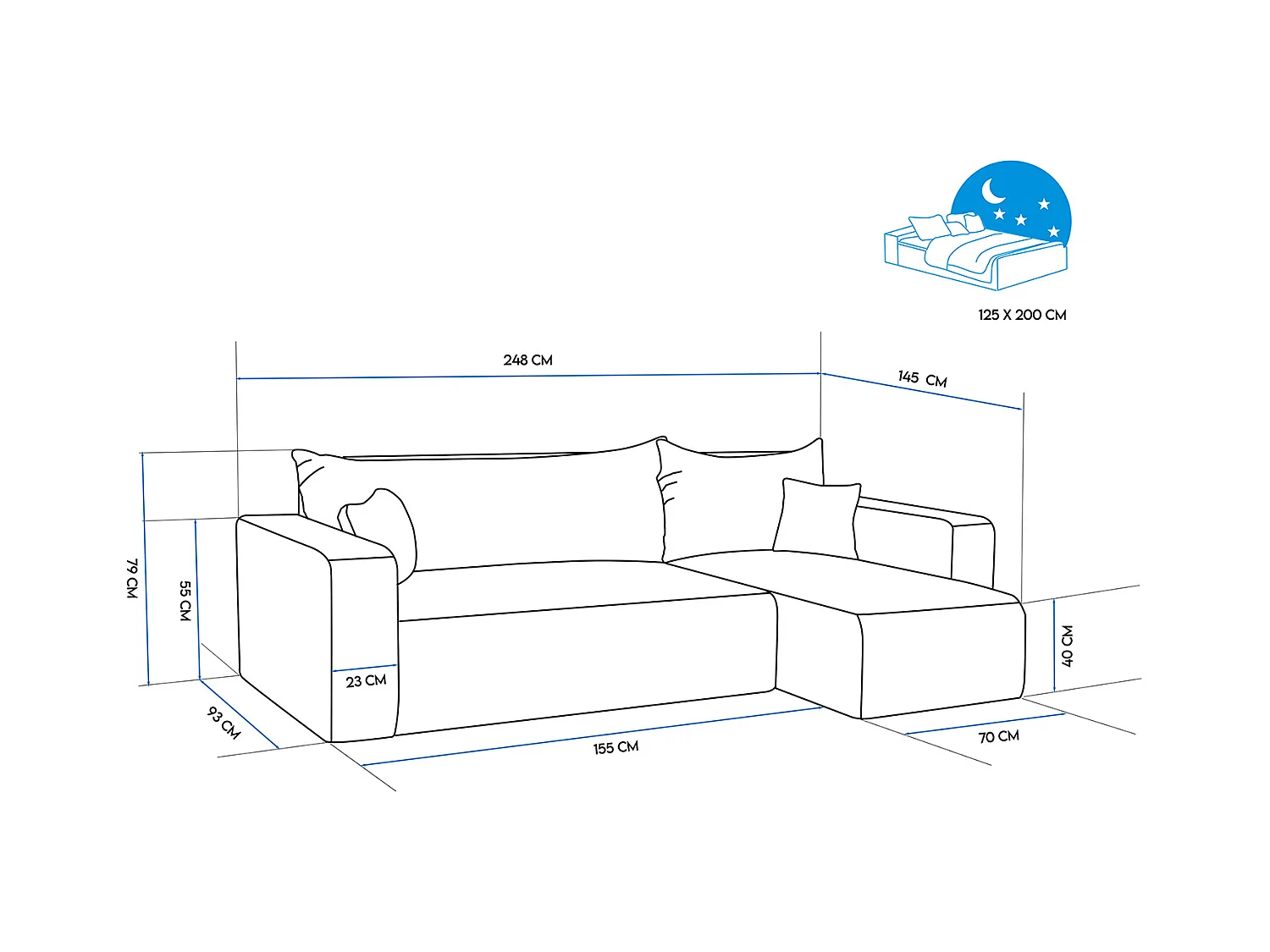 Ecksofa Piano Schlafsofa aus blauem Stoff