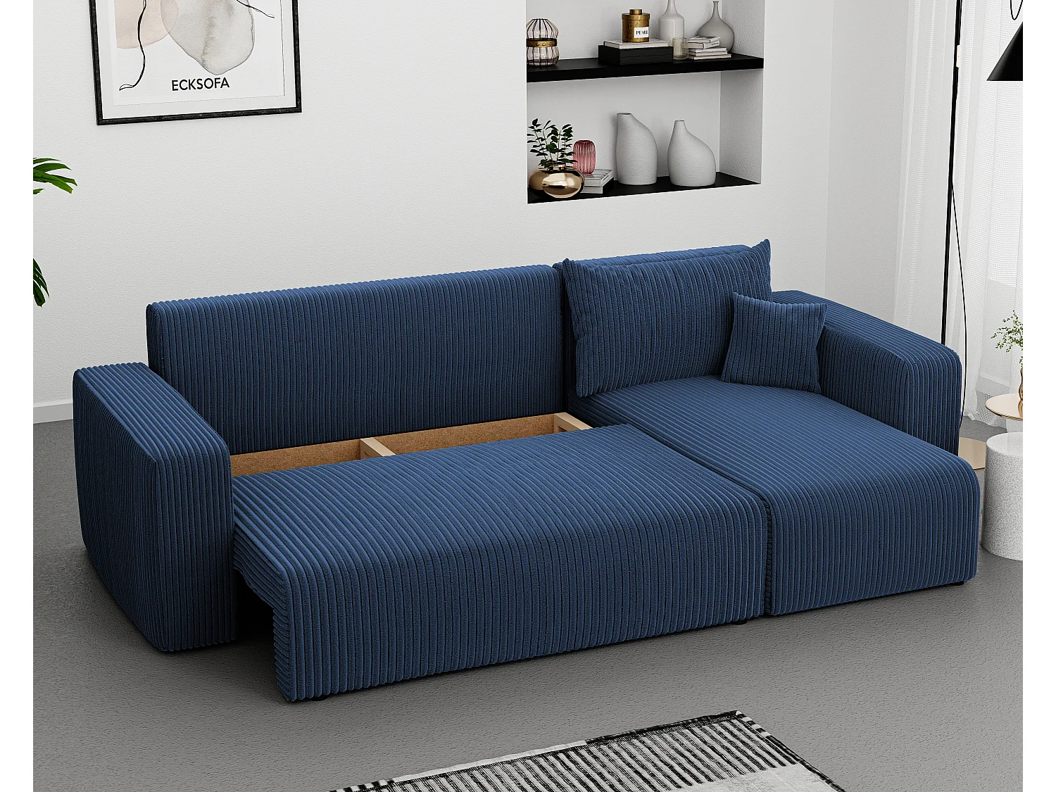 Ecksofa Piano Schlafsofa aus blauem Stoff