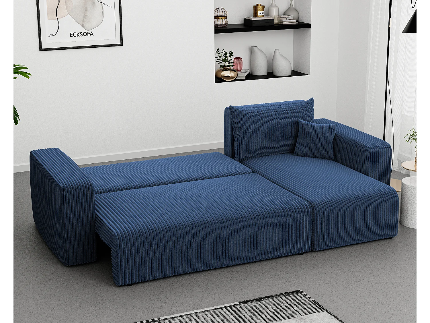 Ecksofa Piano Schlafsofa aus blauem Stoff