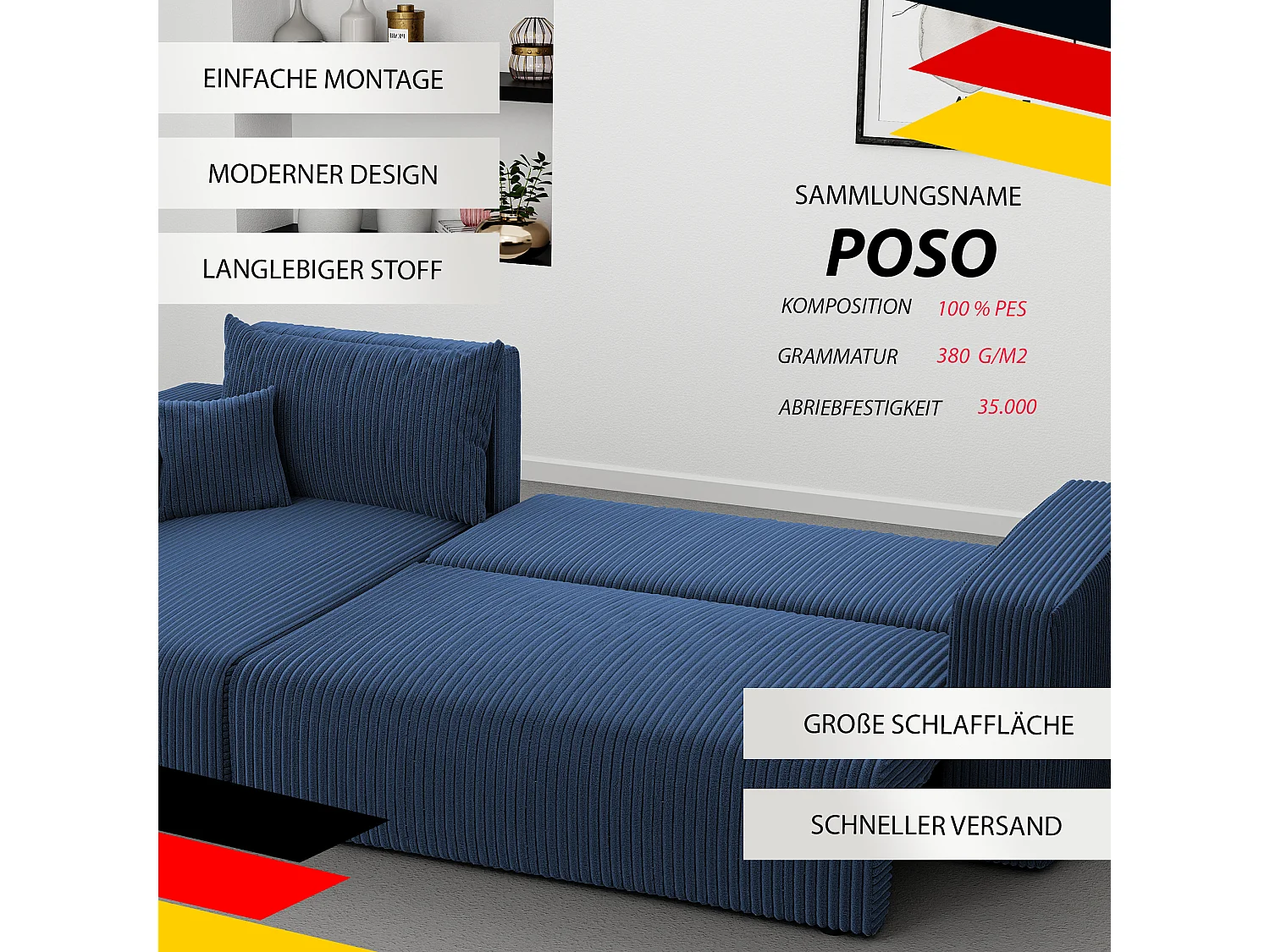 Ecksofa Piano Schlafsofa aus blauem Stoff