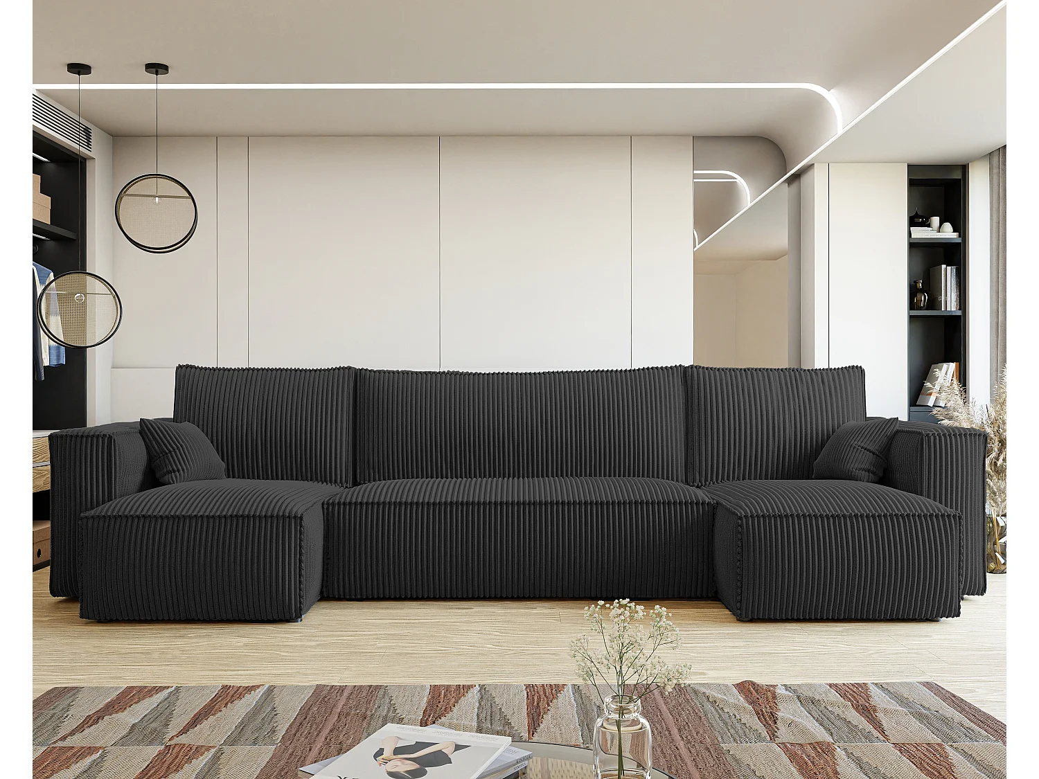 Canapé d'angle Paris U fonction couchage, et tissu Noir