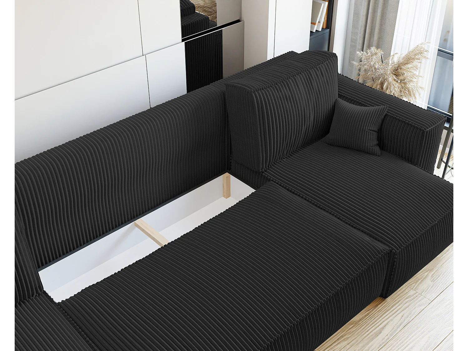 Canapé d'angle Paris U fonction couchage, et tissu Noir