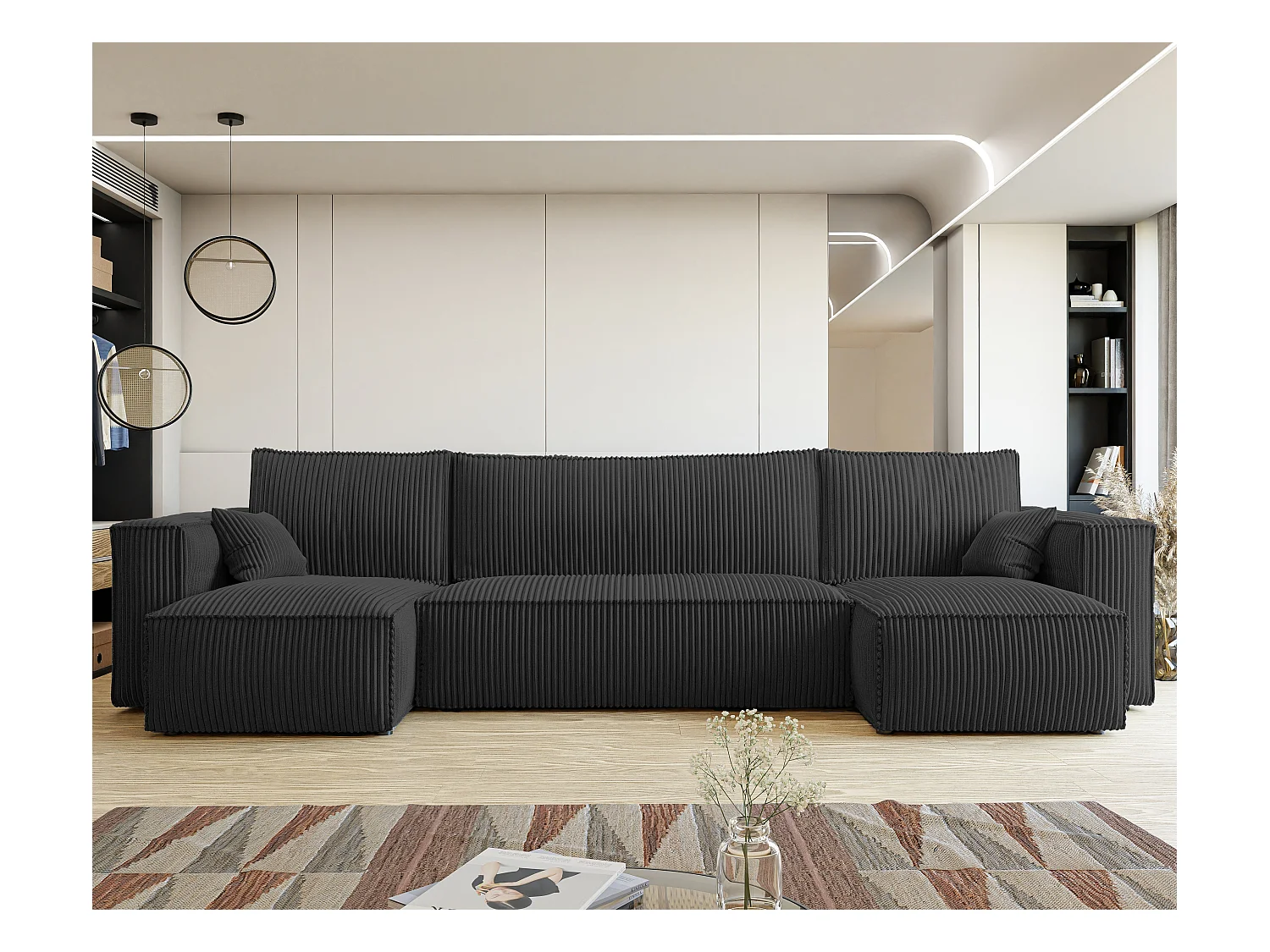 Canapé d'angle Paris U fonction couchage, et tissu Noir