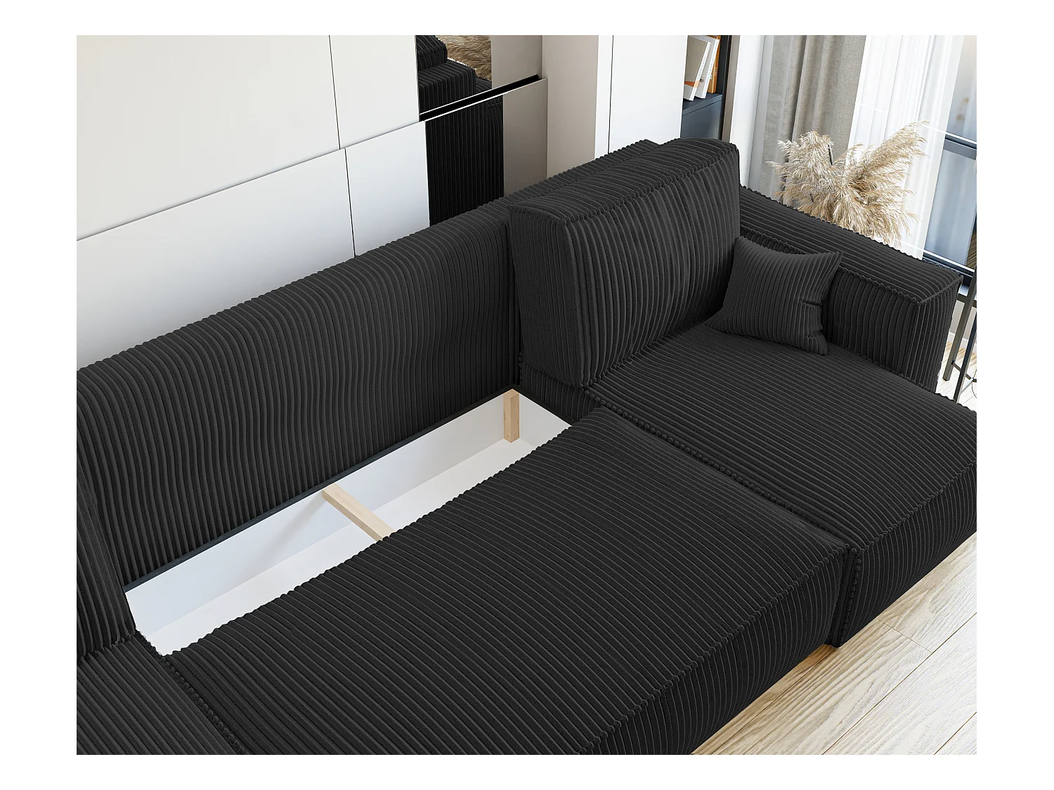 Hoekslaapbank Paris U met slaapfunctie en zwarte stof