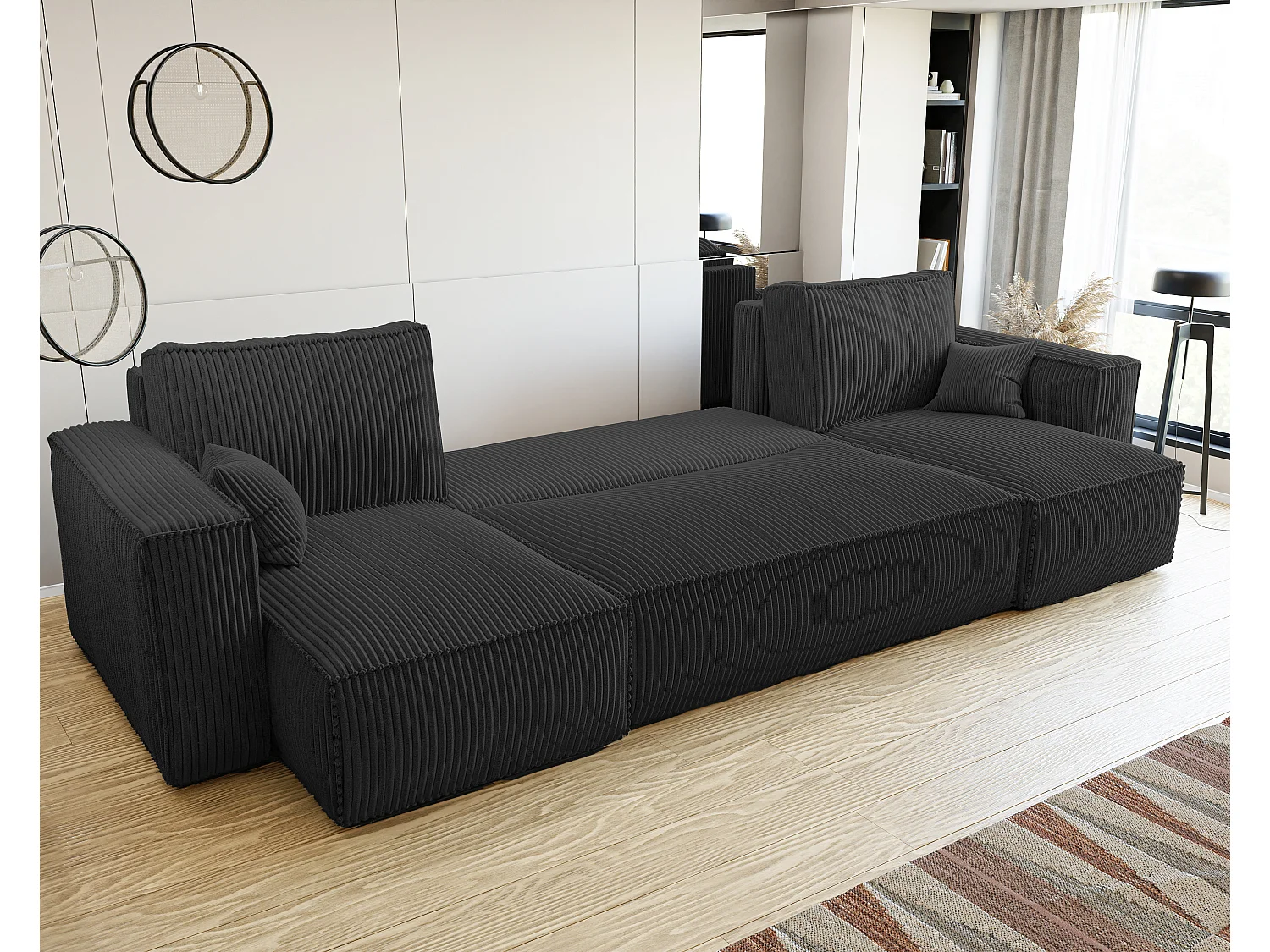 Ecksofa Paris U mit Schlaffunktion und schwarzem Stoff.