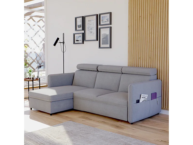 Canapé d'angle Beni réversible convertible en tissu Gris clair