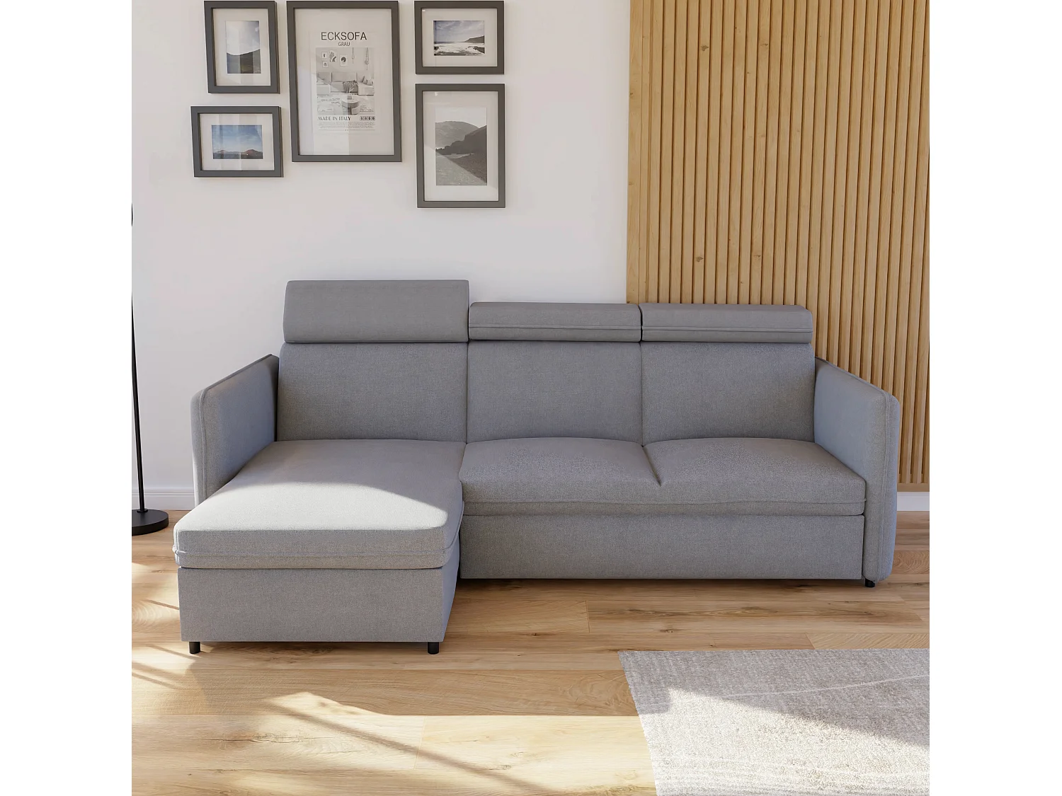 Canapé d'angle Beni réversible convertible en tissu Gris clair
