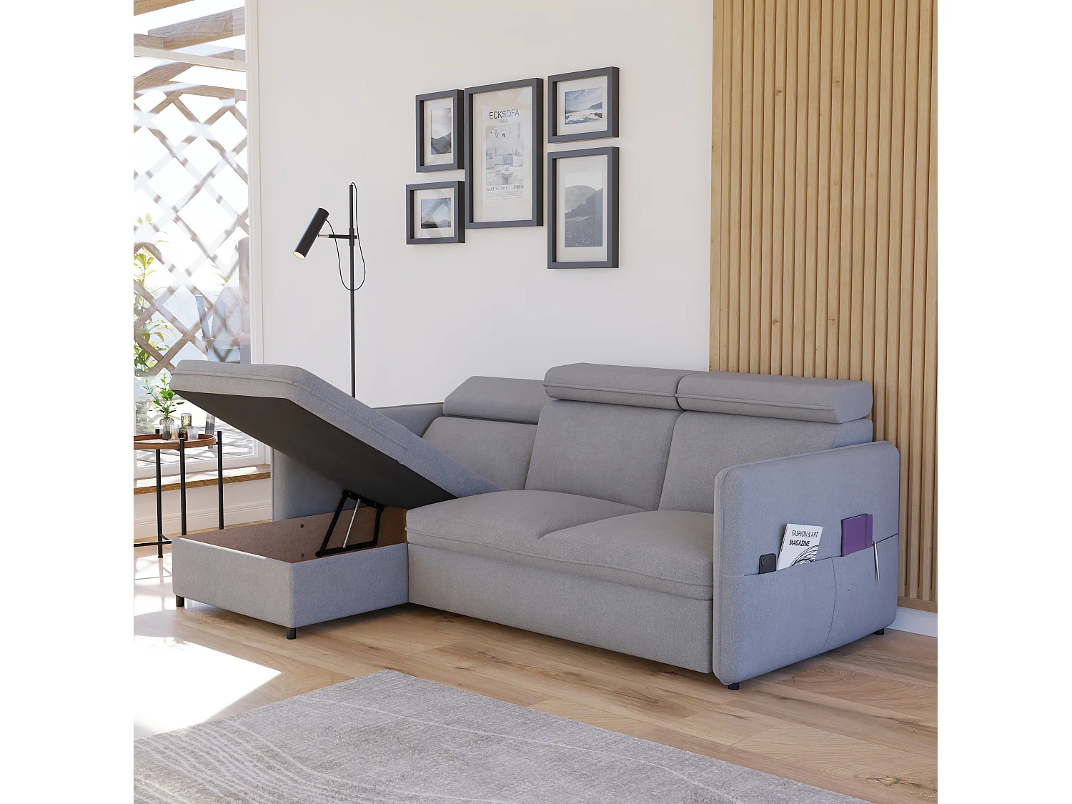 Canapé d'angle Beni réversible convertible en tissu Gris clair