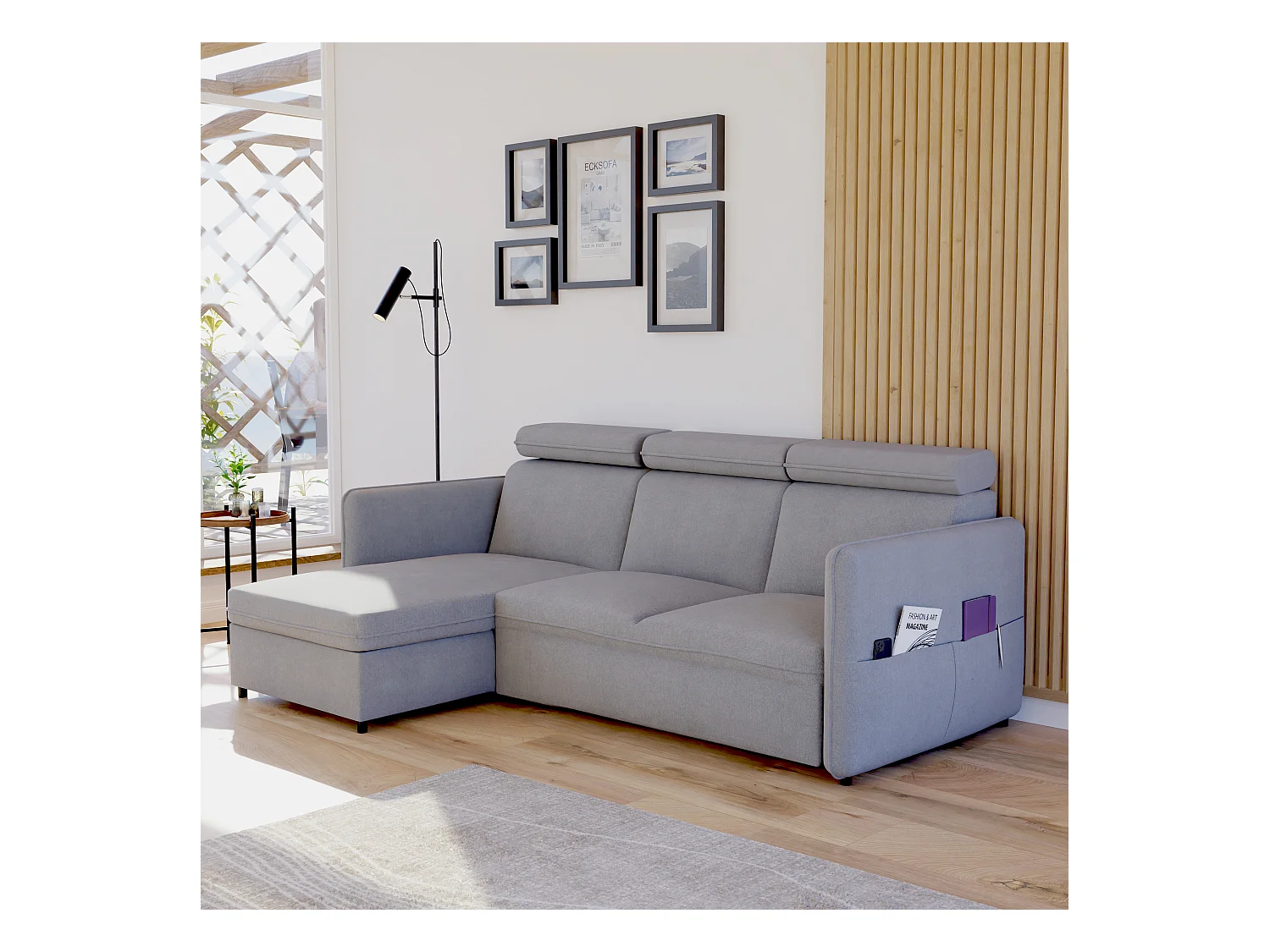 Canapé d'angle Beni réversible convertible en tissu Gris clair