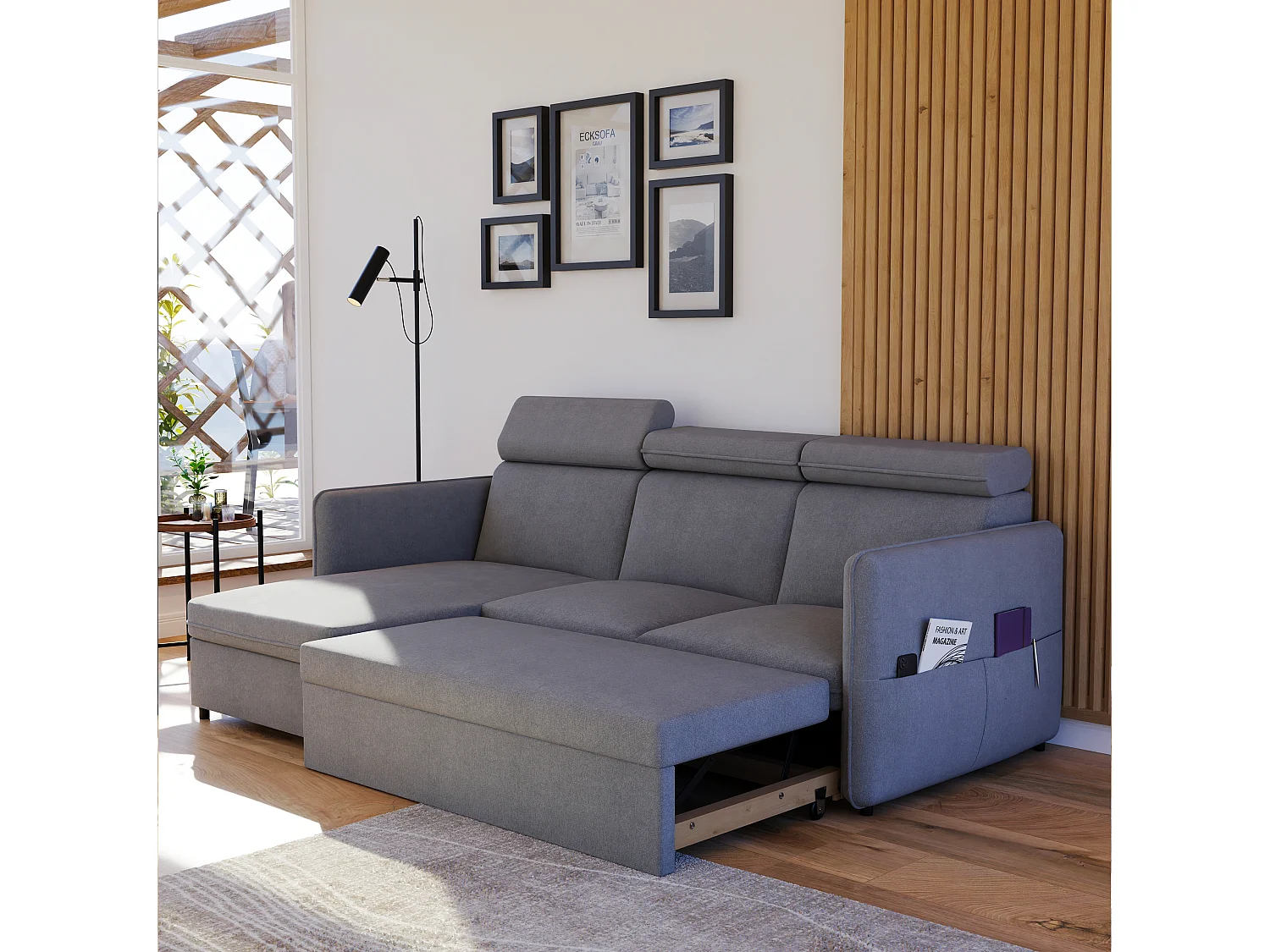 Hoekslaapbank Beni omkeerbaar om te bouwen in lichtgrijze stof.