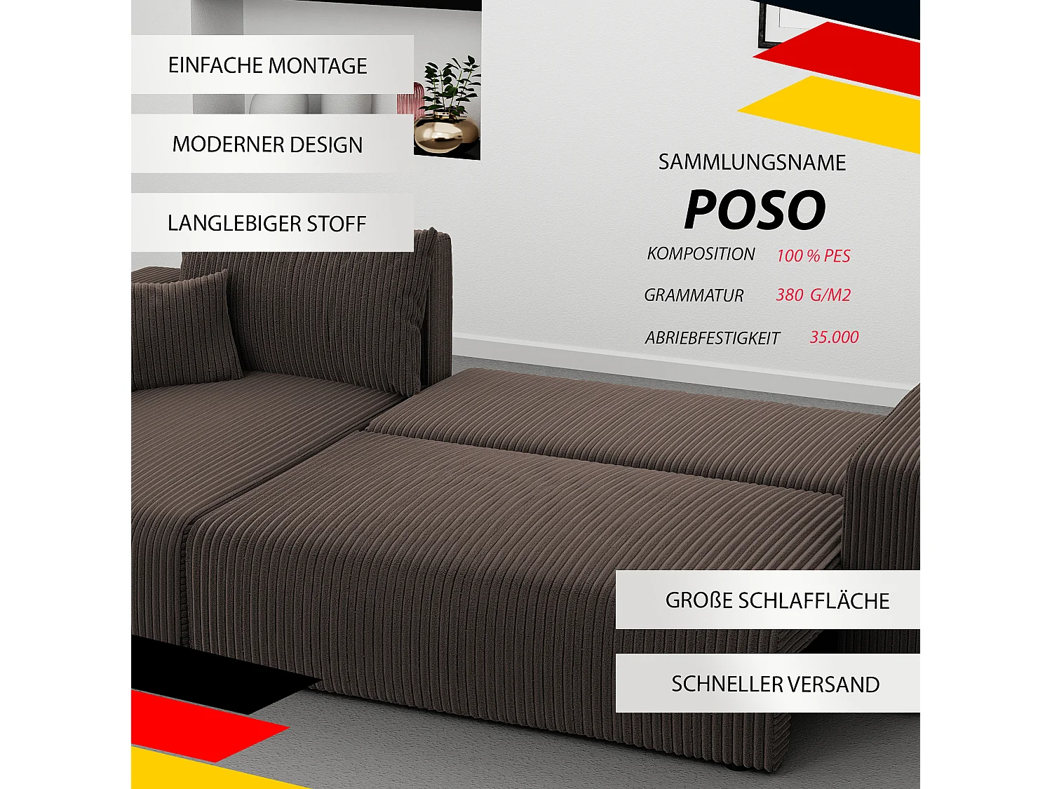 Hoekslaapbank Piano om te bouwen in bruin stof