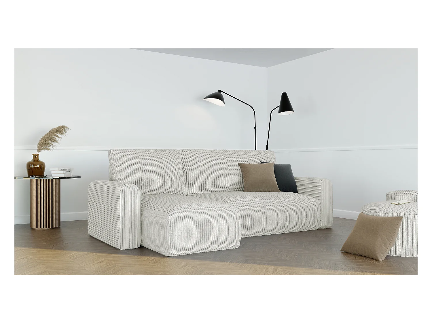 Canapé-lit d'angle Jobo avec fonction couchage en tissu Beige