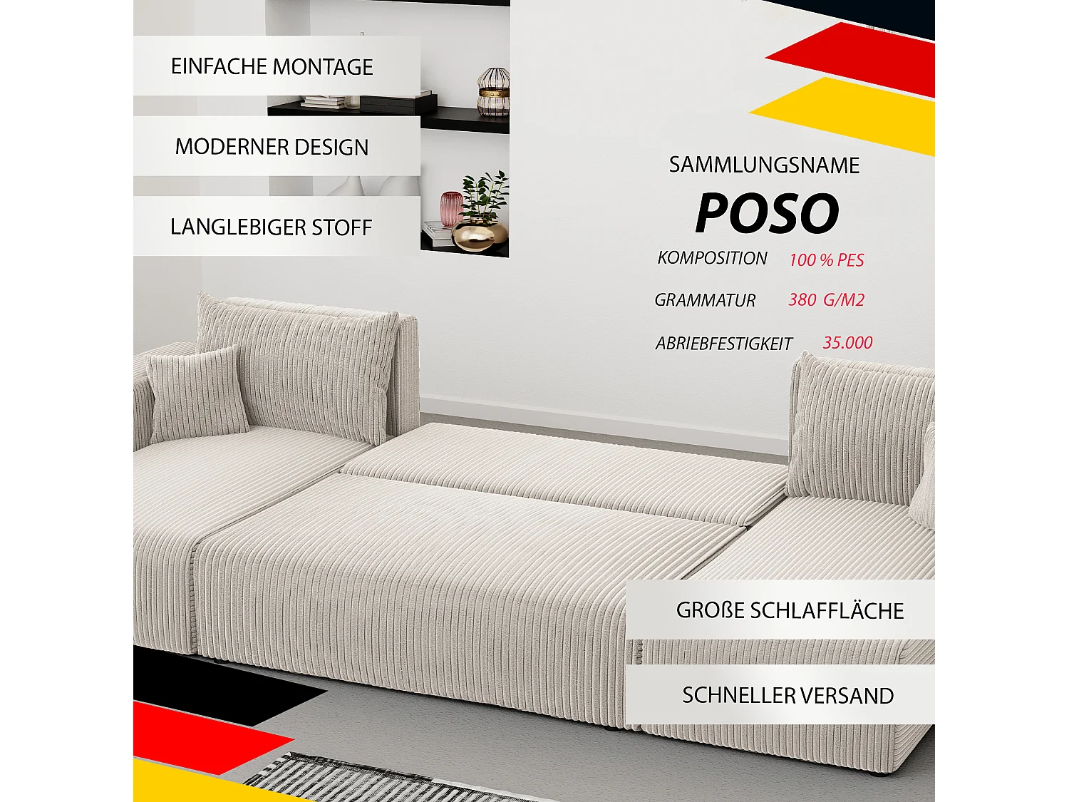 Hoekslaapbank Piano U-functie, en Beige stof