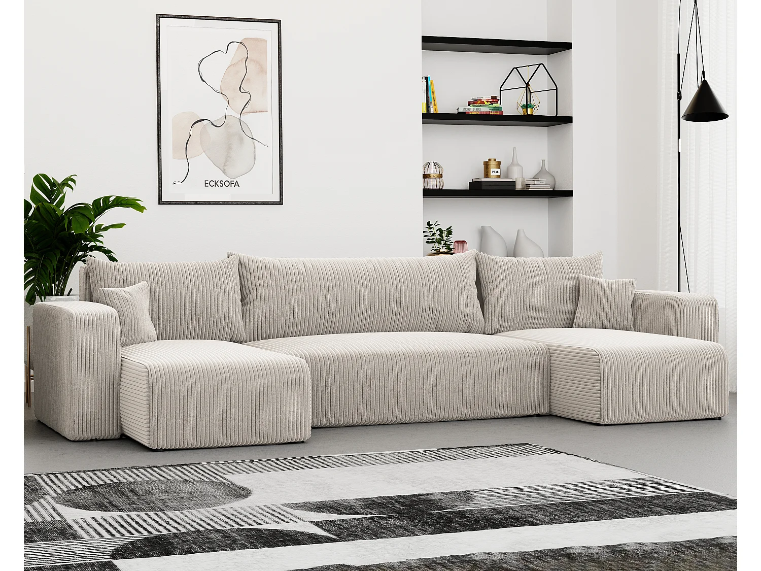 Canapé d'angle Piano U fonction couchage, et tissu Beige