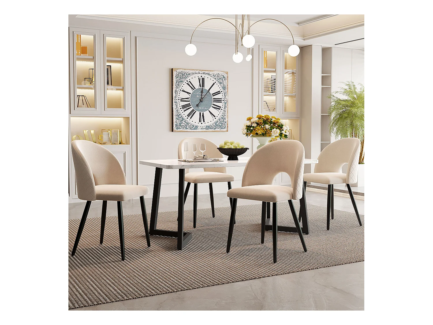 Ensemble table à manger 117 x 68 cm + 4 chaises coquillage -  velours et pièds en métal noir - motif losange - beige
