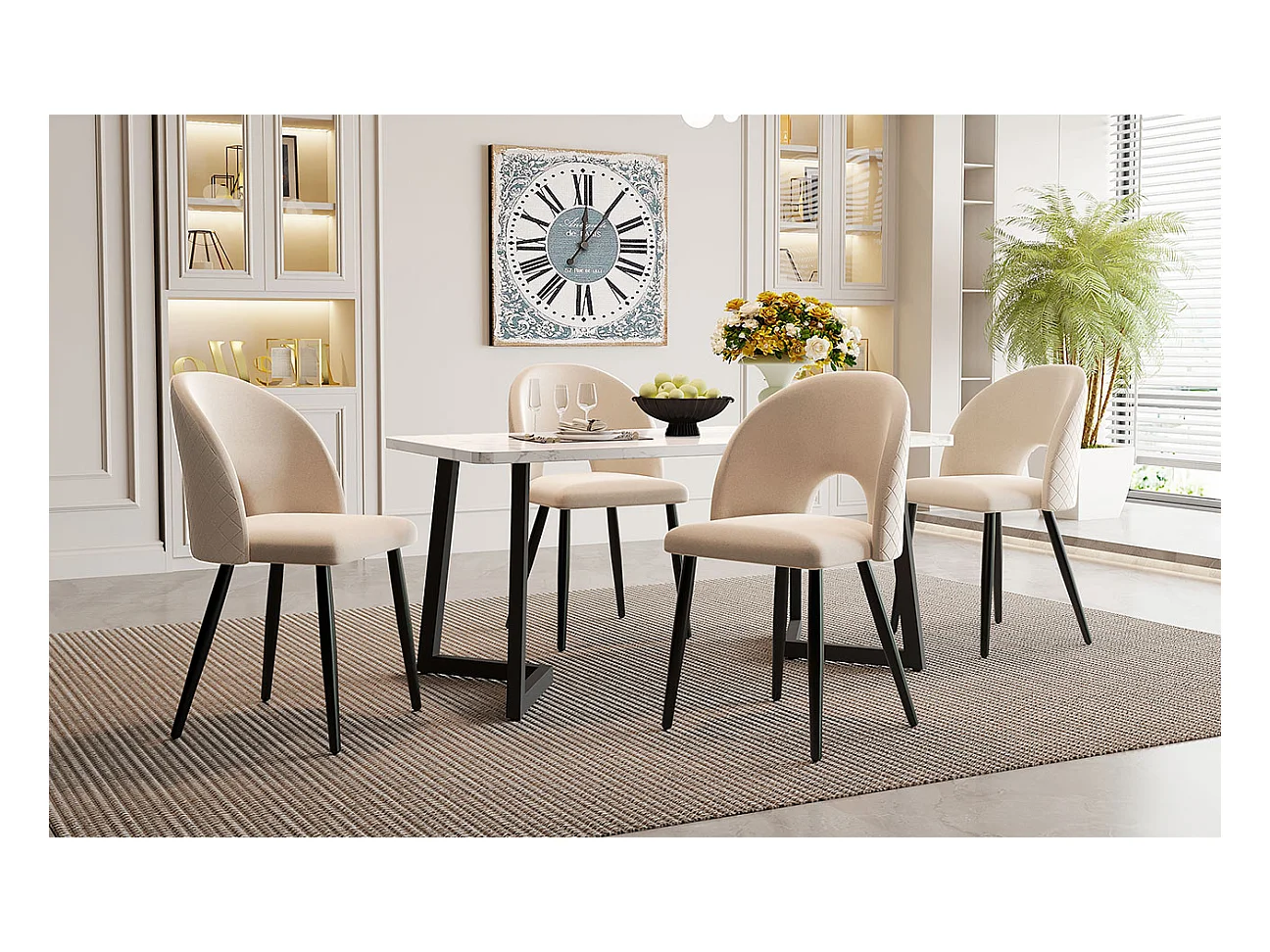 Esstischset 117 x 68 cm + 4 Schalenstühle – Beine aus Samt und schwarzem Metall – Rautenmuster – Beige