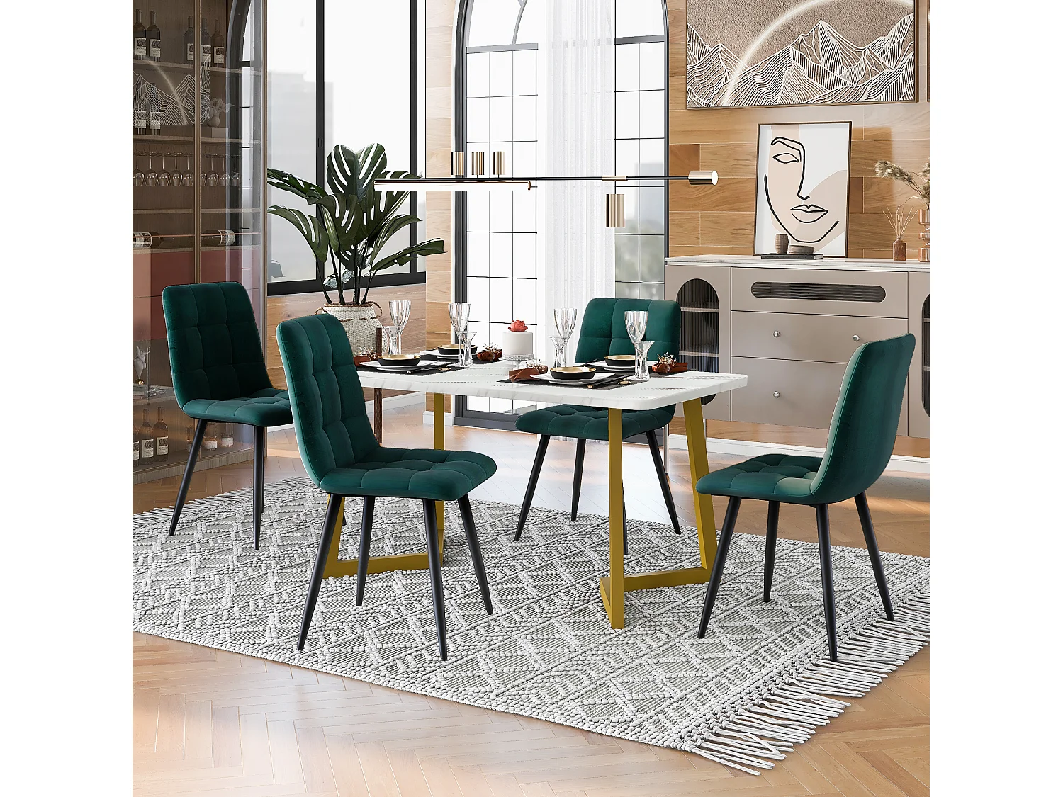 Ensemble table à manger 117 x 68 cm avec 4 chaises rembourrées en velours - pièds en métal doré - Blanc + vert