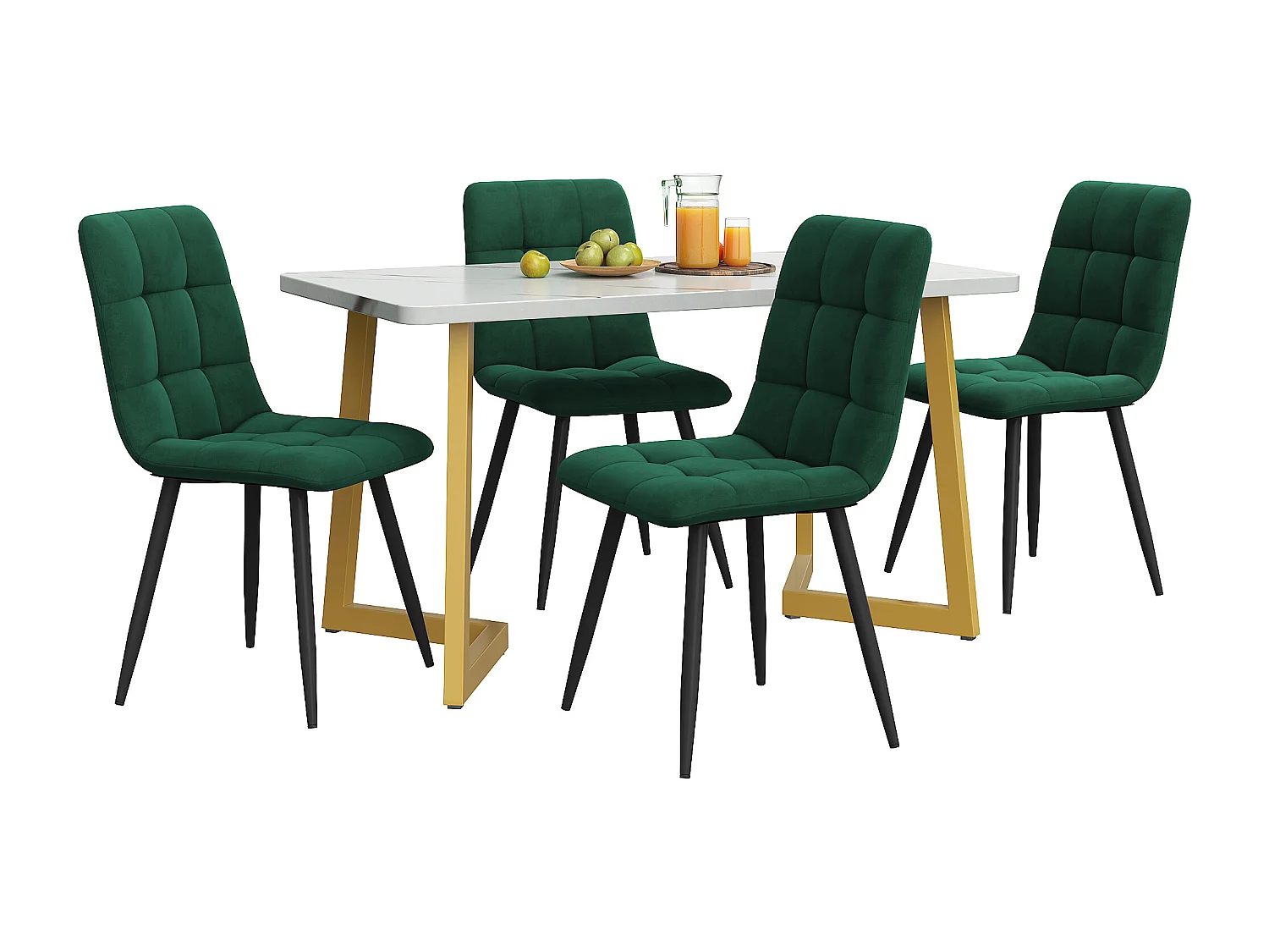 Ensemble table à manger 117 x 68 cm avec 4 chaises rembourrées en velours - pièds en métal doré - Blanc + vert