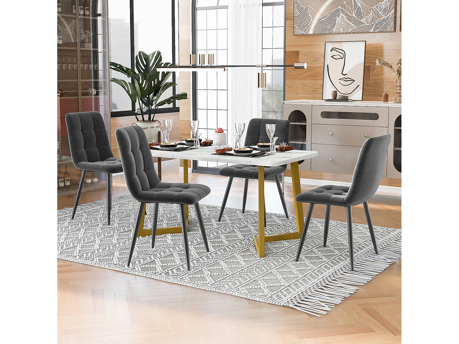 Zestaw stołowy 117 x 68 cm z 4 krzesłami tapicerowanymi welurem - nogi metalowe w kolorze złotym - biały + ciemnoszary