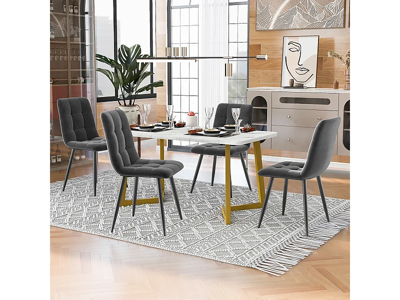 Ensemble table à manger 117 x 68 cm avec 4 chaises rembourrées en velours - pièds en métal doré - Blanc + gris foncé