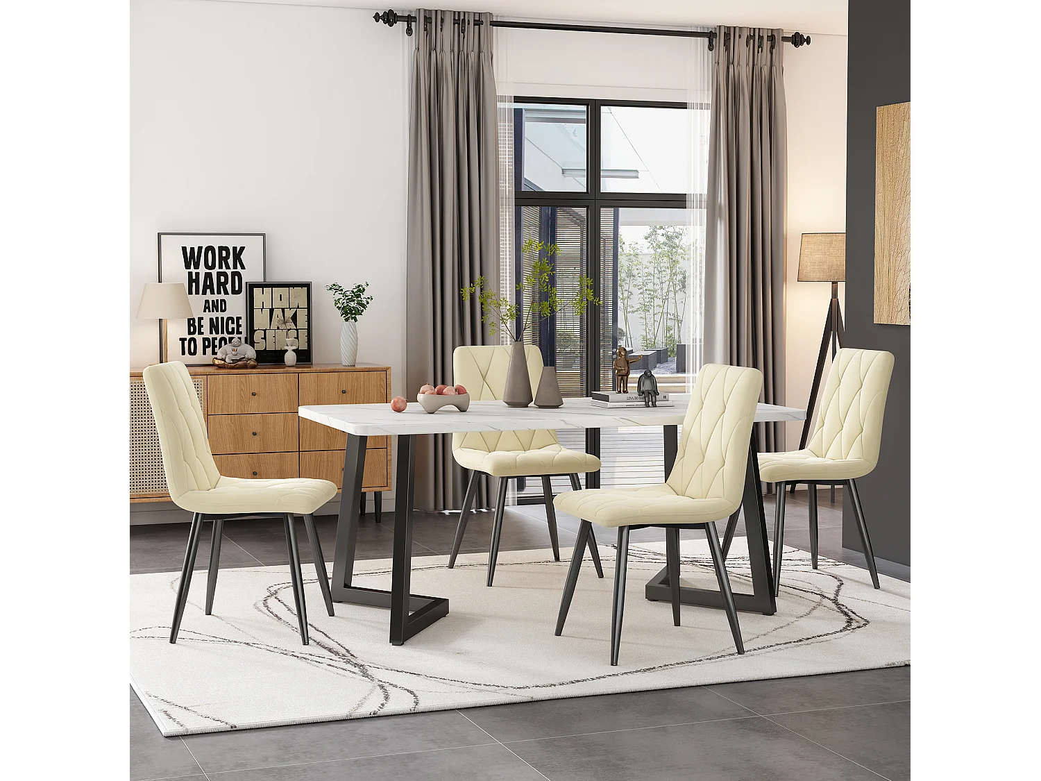 Eettafel en stoelenset (1 + 4) - fluwelen zitting en metalen poten - tafel met marmerpatroon - beige