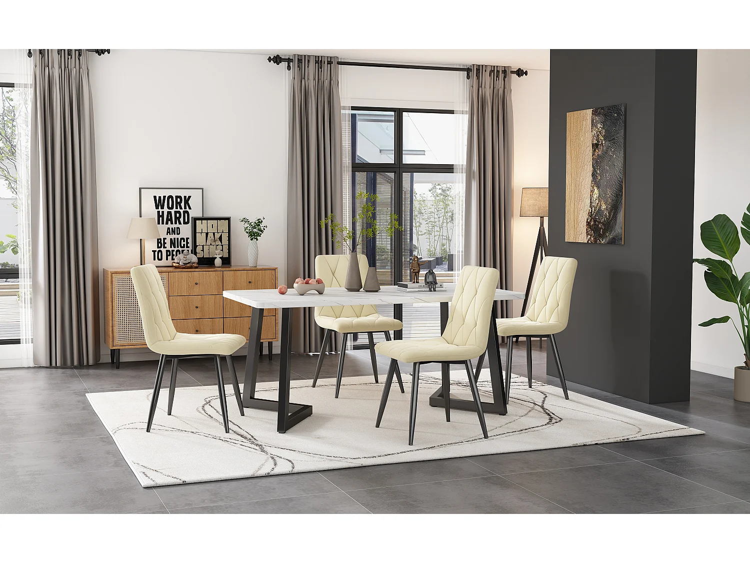 Eettafel en stoelenset (1 + 4) - fluwelen zitting en metalen poten - tafel met marmerpatroon - beige