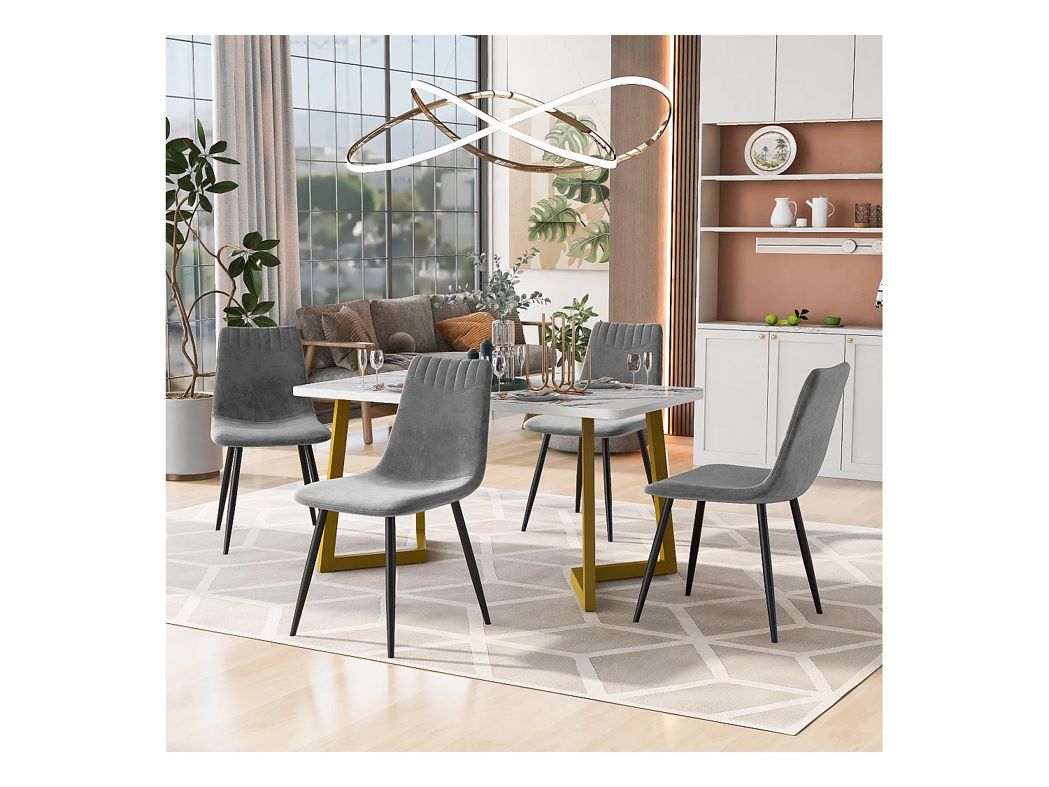Ensemble table à manger 117 x 68 cm avec 4 chaises rembourrées en velours - pièds en métal doré - Blanc + gris