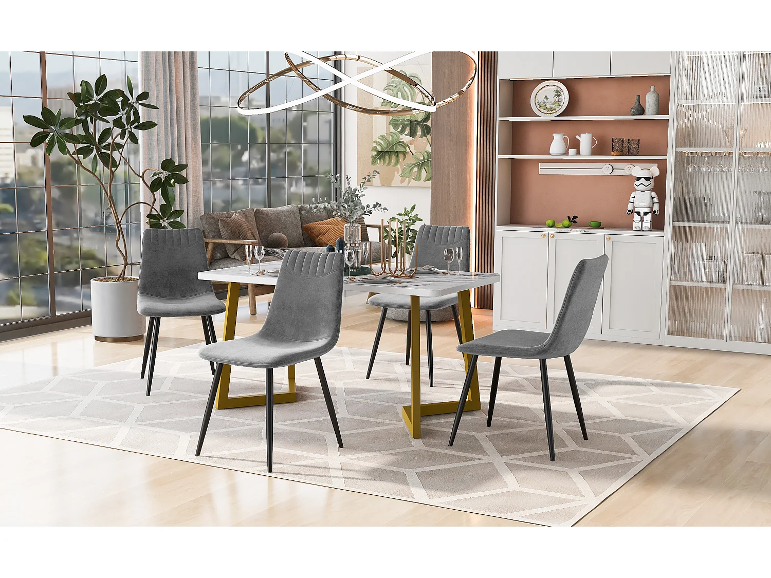 Ensemble table à manger 117 x 68 cm avec 4 chaises rembourrées en velours - pièds en métal doré - Blanc + gris