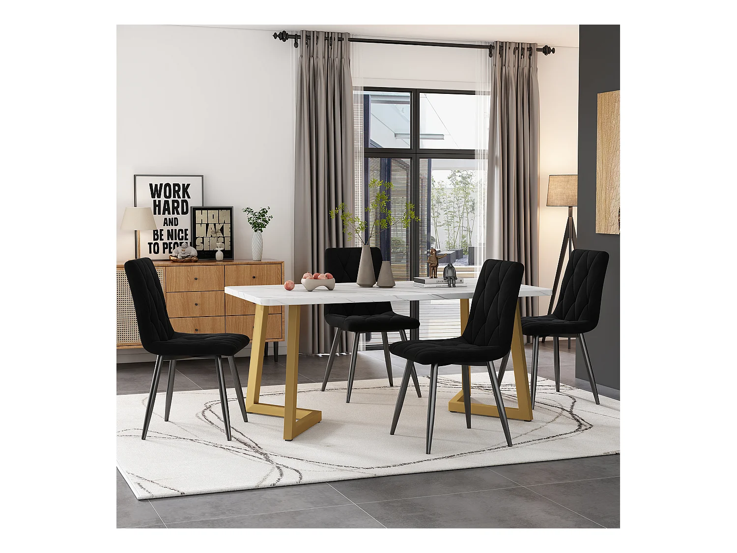 Ensemble table à manger + 4 chaises -  velours et pièds en métal doré - noir