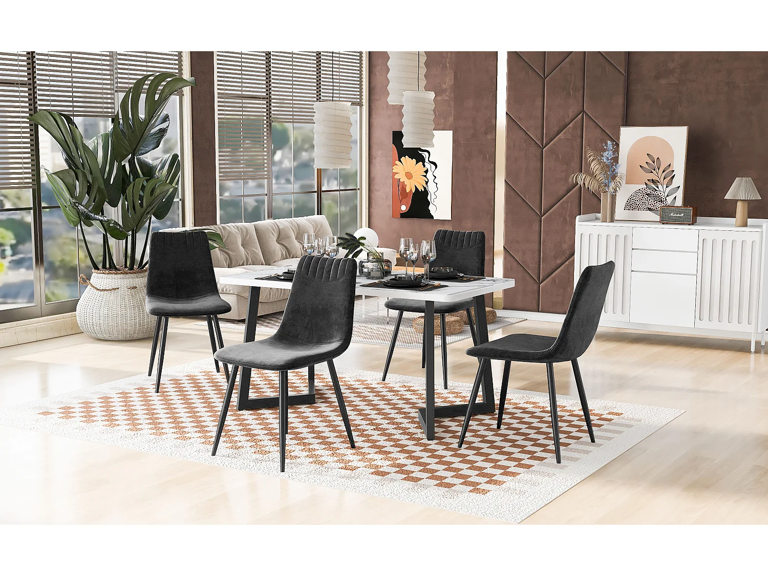 Eettafel en stoelenset (1 + 4) - fluwelen zitting en metalen poten - tafel met marmerpatroon - zwart